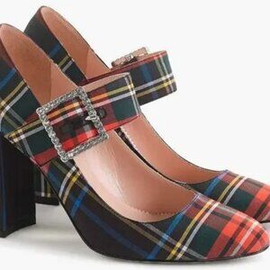 J. CREW Mary-Jane Pump in Tartan Plaid with Rhinestone Buckle - Size 8